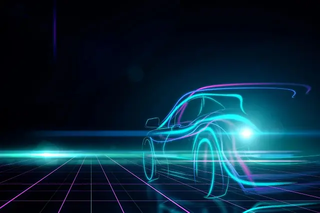 Світло-блакитні обриси спортивного автомобіля на темному тлі